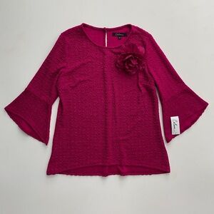 Calessa Nwt Textured Floral Applique Knit Berry 3/4 Sleeve Tunic Top